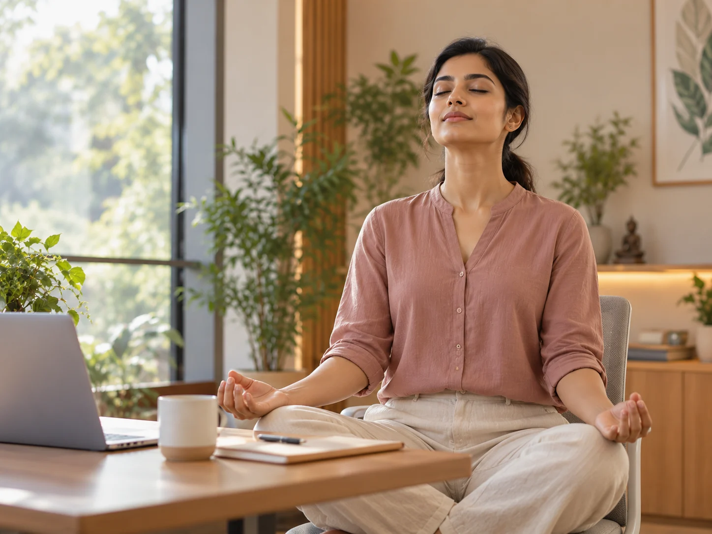 Professional taking a calm breathing pause at a desk